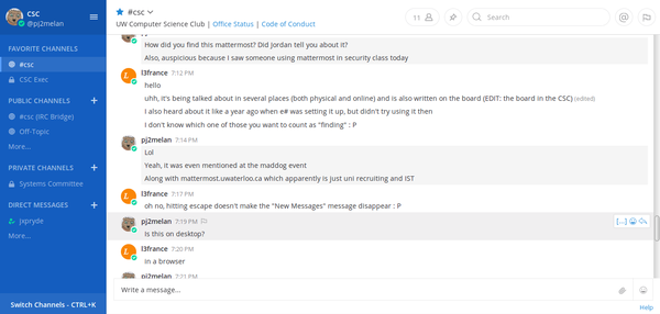 Mattermost #csc screen capture, including a conversation between members of the channel